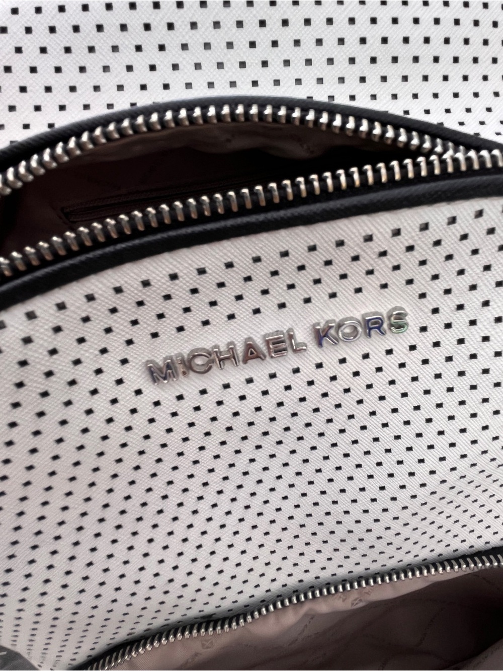 Michael Kors White Perforated Backpack with Black Trim - Picture 8 of 10